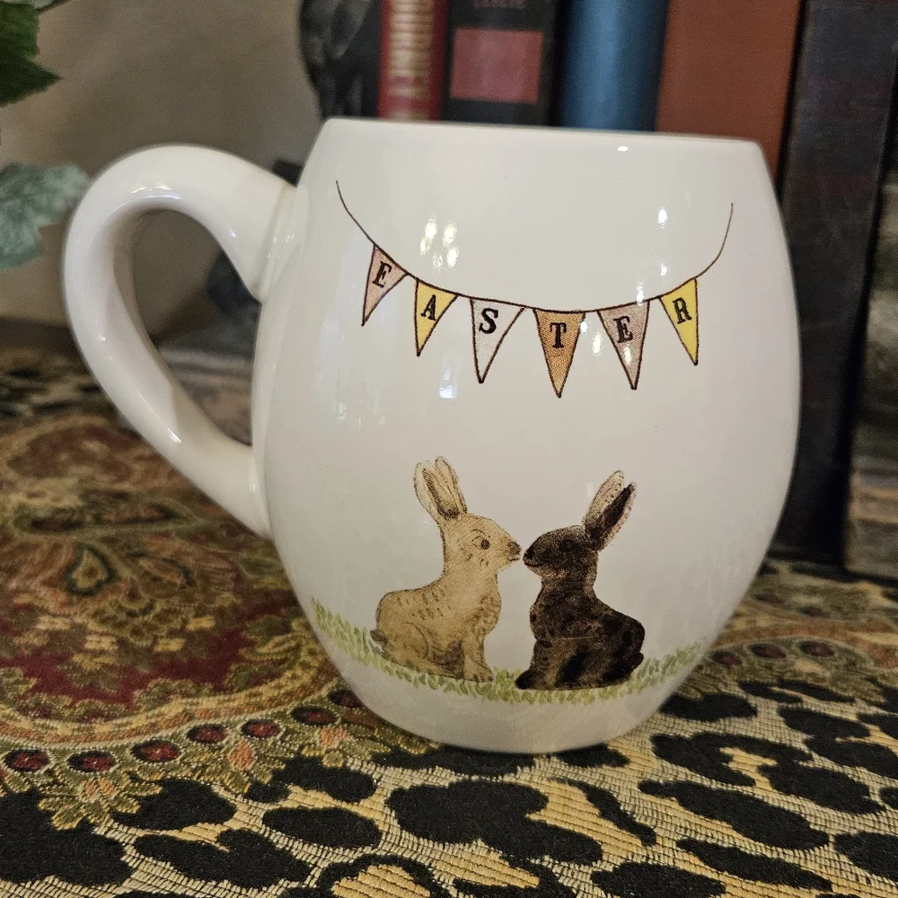 Rae Dunn By Magenta Happy Easter Flag Banner Bunny Rabbits Coffee Mug